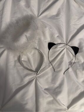 White Feather Angel Halo & Black Glitter Cat Ear Headband Set Halloween Costume